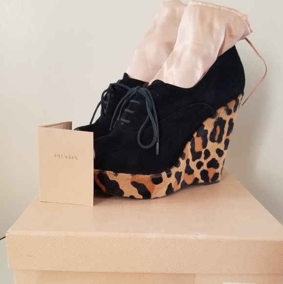 Prada Black Suede Leopard Pony Hair Wedge 39 - Picture 2 of 13